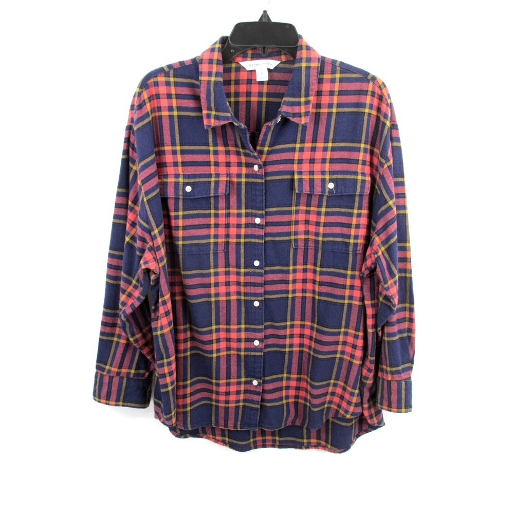 Old Navy The Boyfriend Shirt Blue Plaid Flannel Button Up Women XL Relaxed Fit
